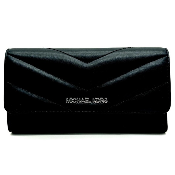 Michael Kors Large Quilted Trifold Wallet Black/Silver - Picture 1 of 9